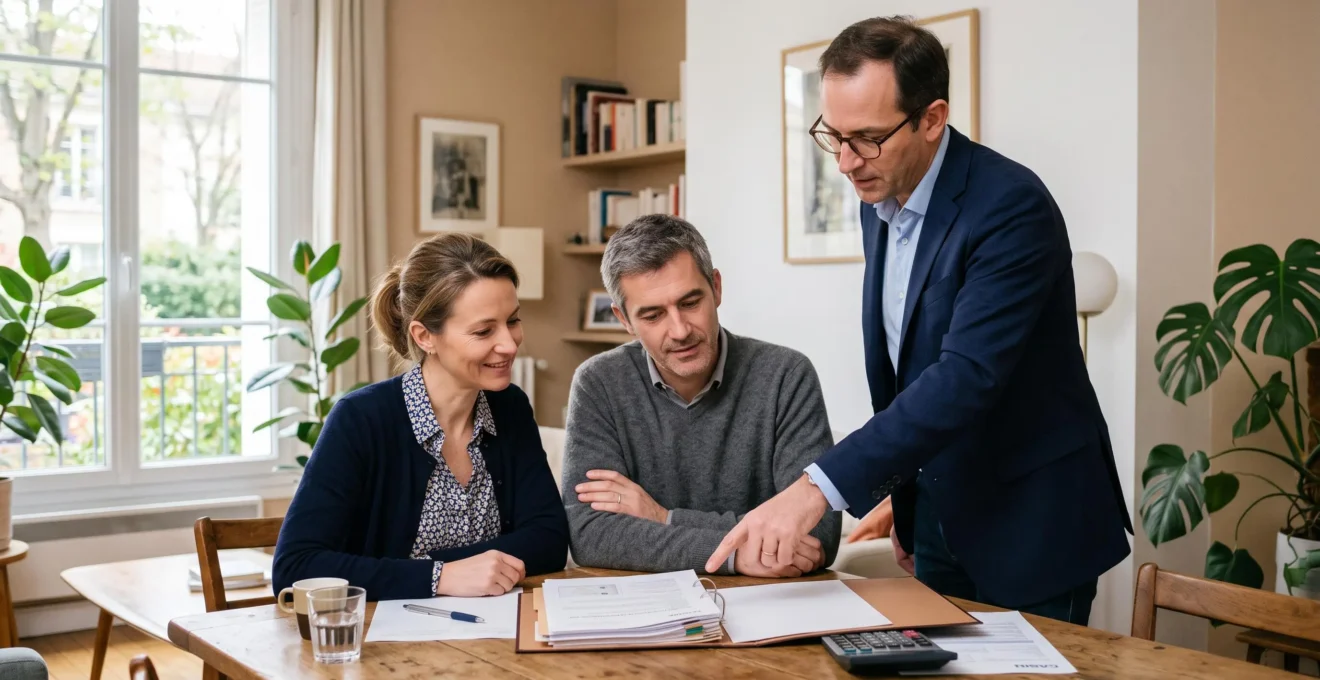 Un couple et un conseiller financier examinent ensemble un dossier de contrat d'assurance-vie à la table d'un salon lumineux.