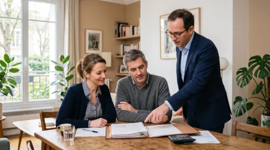 Un couple et un conseiller financier examinent ensemble un dossier de contrat d'assurance-vie à la table d'un salon lumineux.