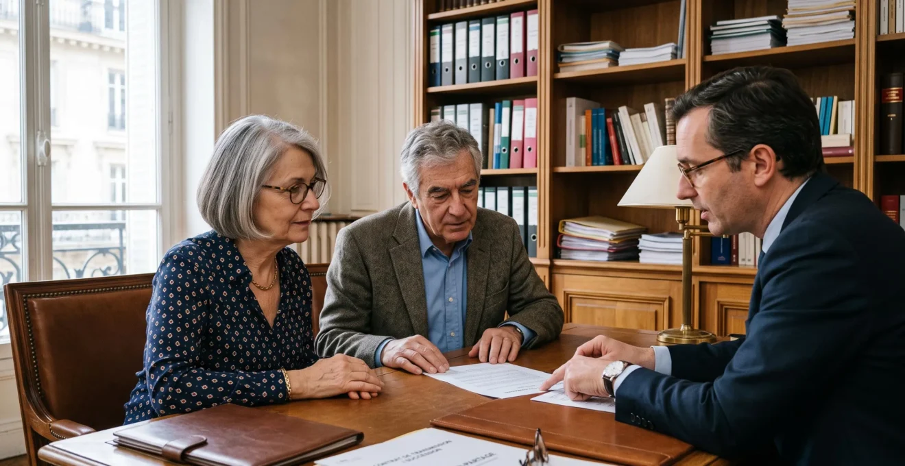 Un couple de retraités écoute un notaire expliquant un document de transmission dans un bureau classique.