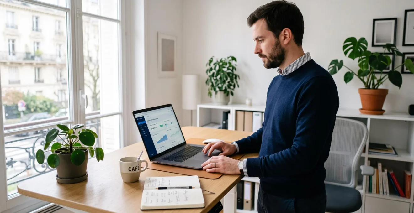 Un jeune actif gère son contrat d'assurance-vie en ligne depuis un poste debout dans un bureau à domicile lumineux.